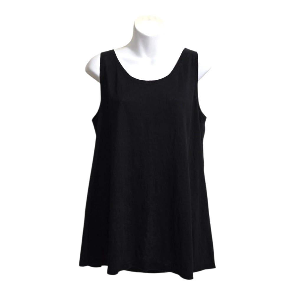 Eileen Fisher Scoop Neck System Organic Linen Jersey Long Tank In Black Sz M